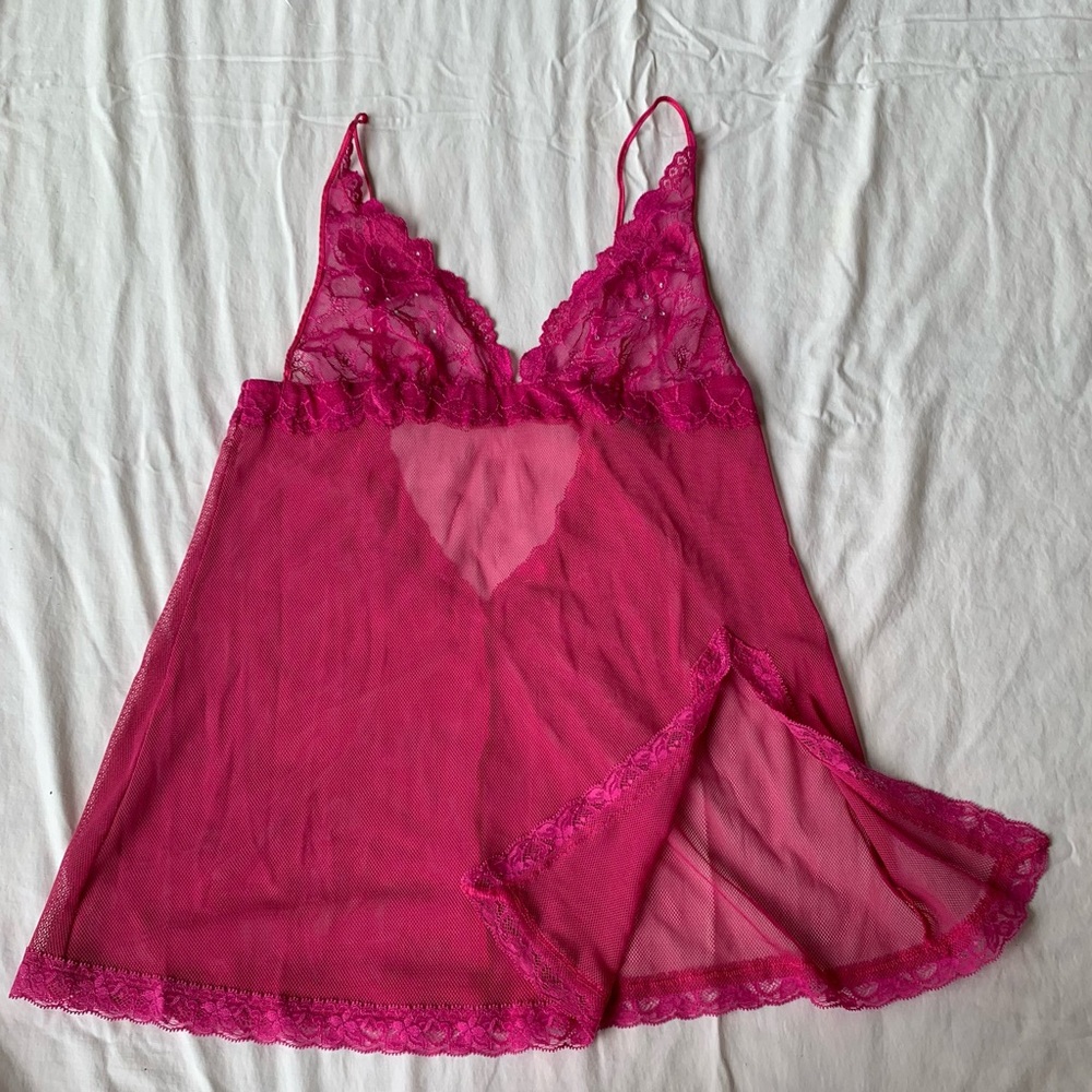 Y2K Fantasies Morgan Taylor Hot Pink Lacy Bedazzled Mesh Mini Slip Dress Size M